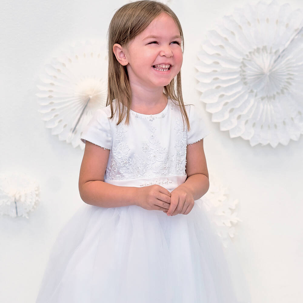Sarah Louise-Платье из атласа и тюля белого цвета | Childrensalon