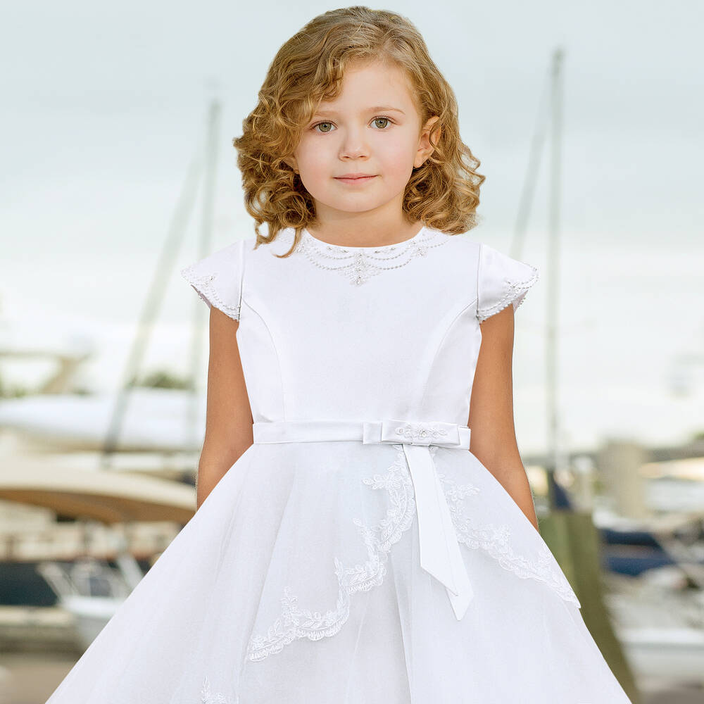 Sarah Louise-Girls White Tulle Communion Dress | Childrensalon