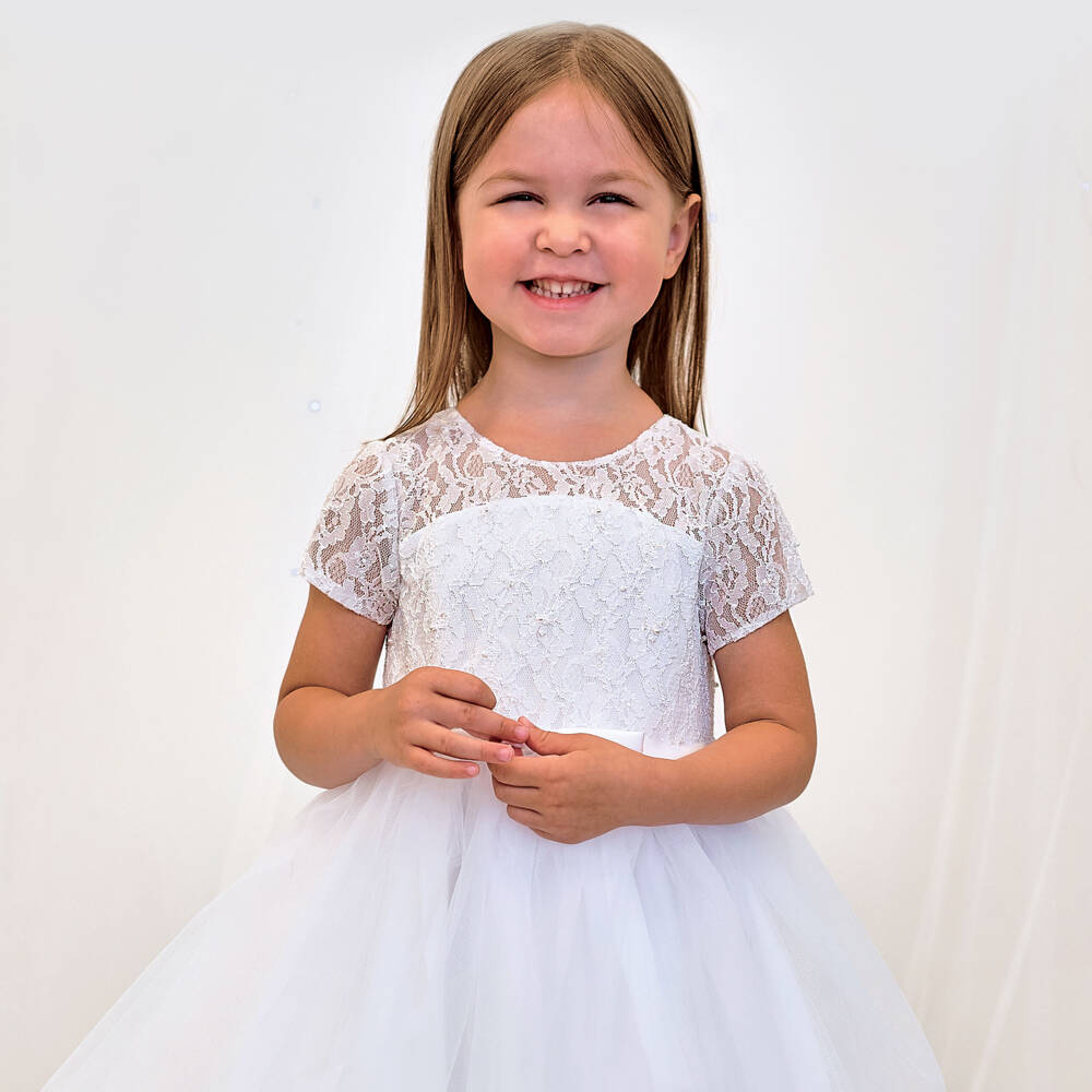 Sarah Louise-Girls White Tulle Dress With Short Lace Sleeves | Childrensalon