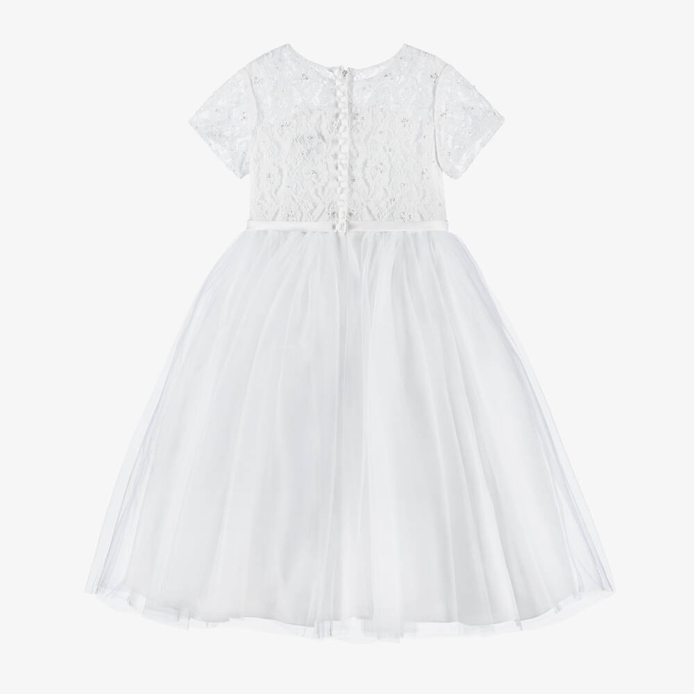 Sarah Louise-Girls White Tulle Dress With Short Lace Sleeves | Childrensalon