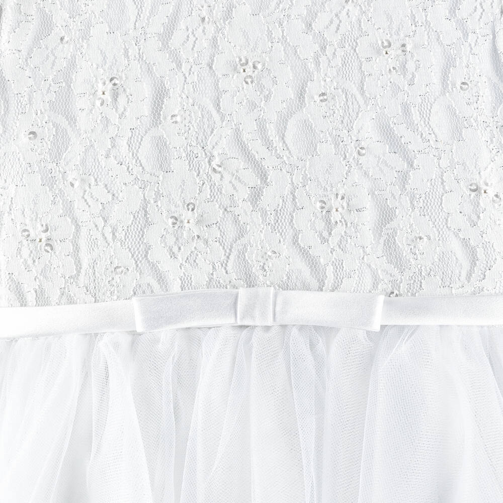 Sarah Louise-Girls White Tulle Dress With Short Lace Sleeves | Childrensalon
