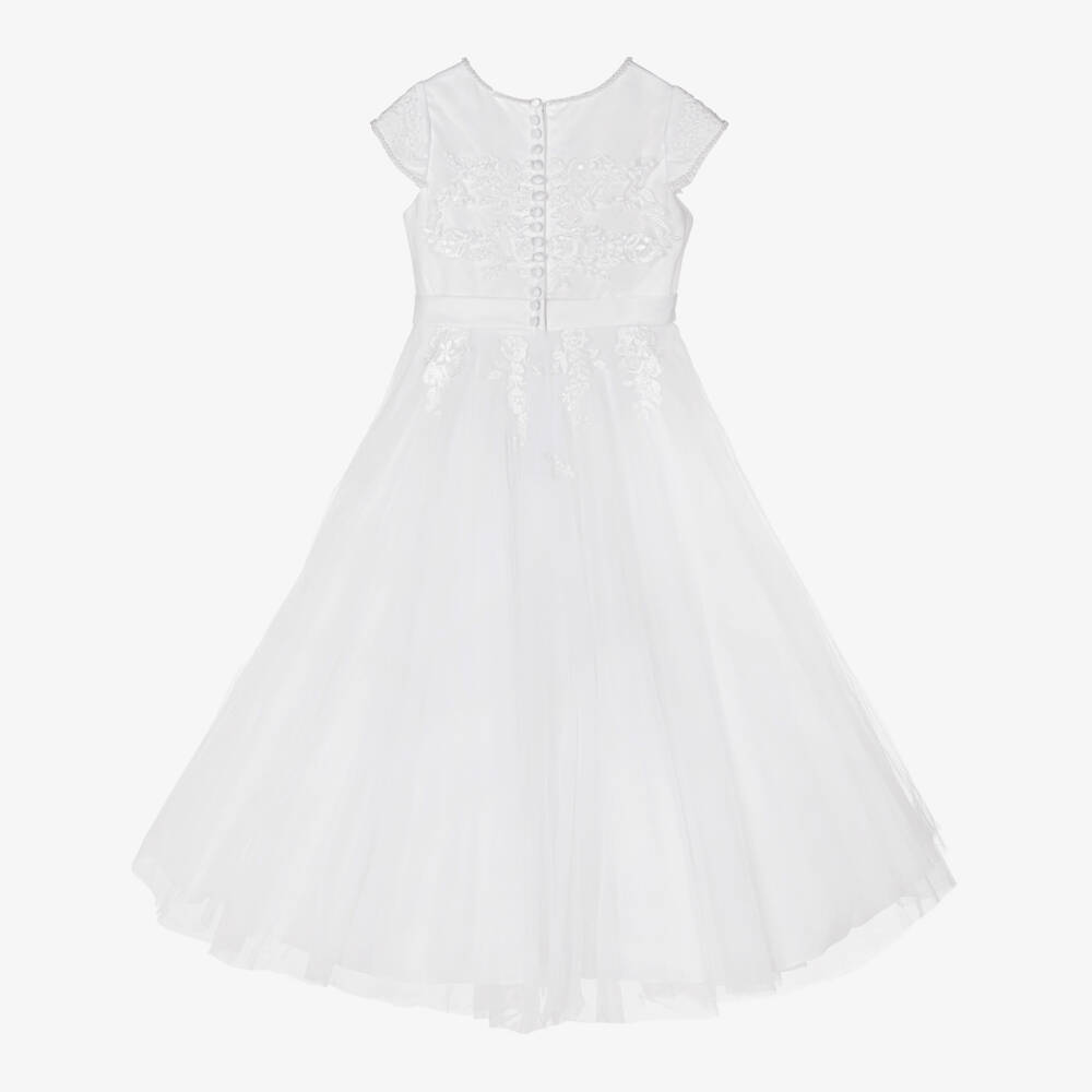 Sarah Louise-Girls White Tulle Embroidered Communion Dress | Childrensalon