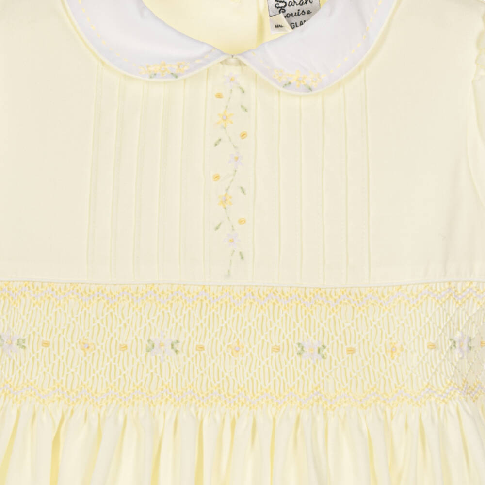 Sarah Louise-Girls Yellow Hand-Smocked Dress with Embroidered Flowers | Childrensalon