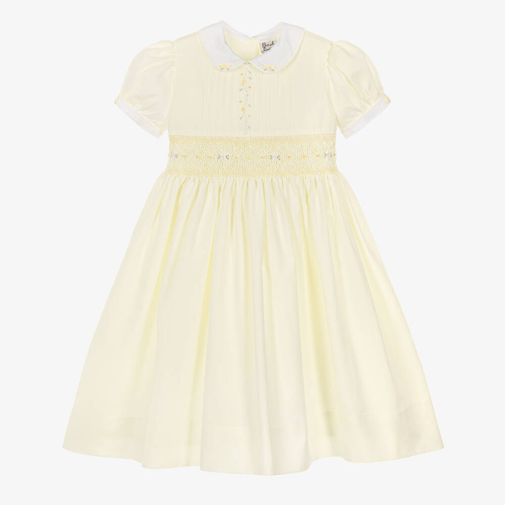 Sarah Louise-Girls Yellow Hand-Smocked Dress with Embroidered Flowers | Childrensalon