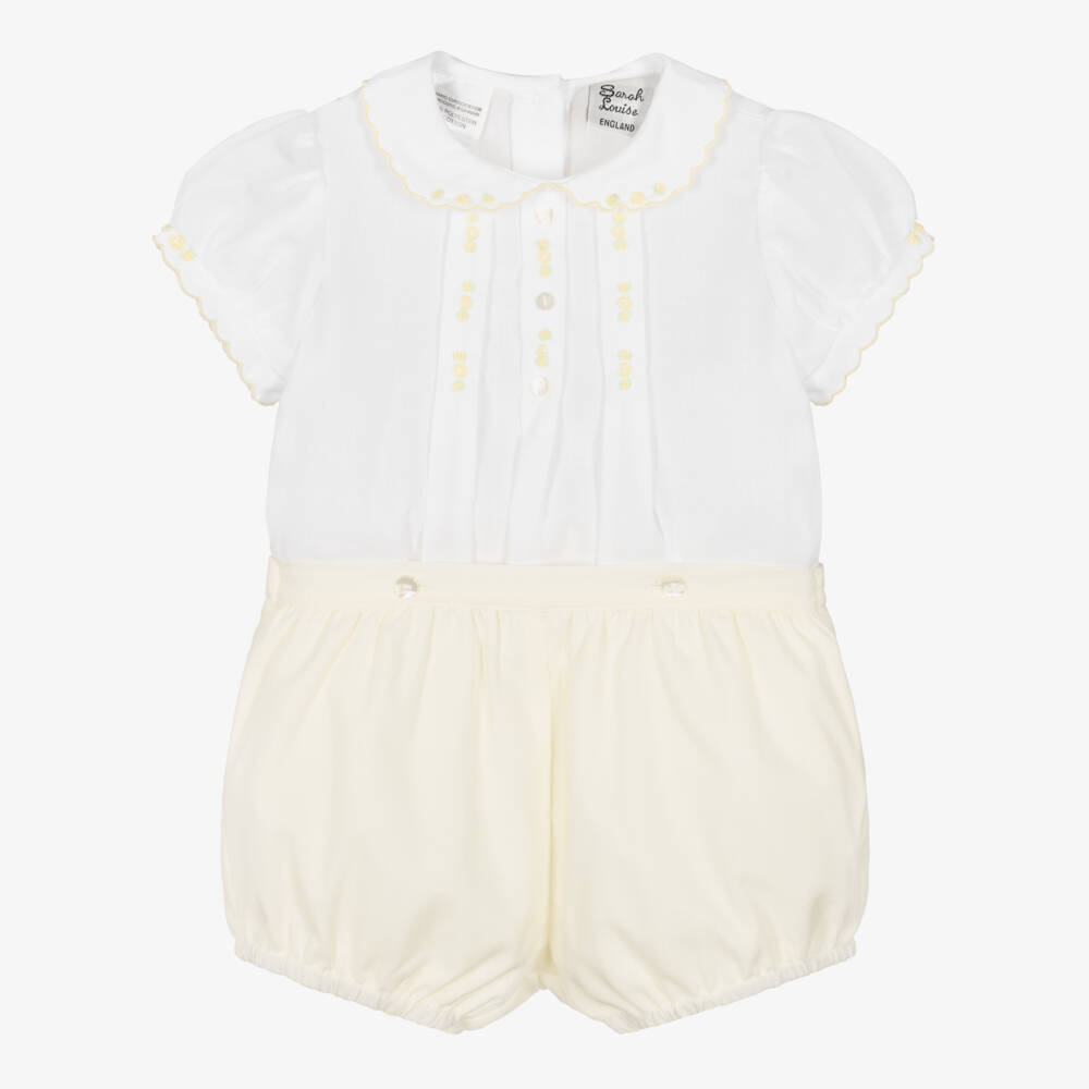 Sarah Louise-Girls Yellow & White Buster Suit | Childrensalon