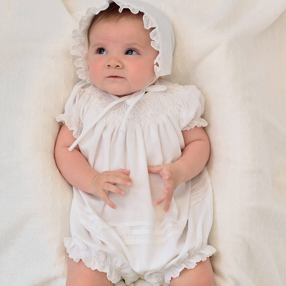 Sarah Louise-Ivory Cotton Hand-Smocked Shortie Set | Childrensalon