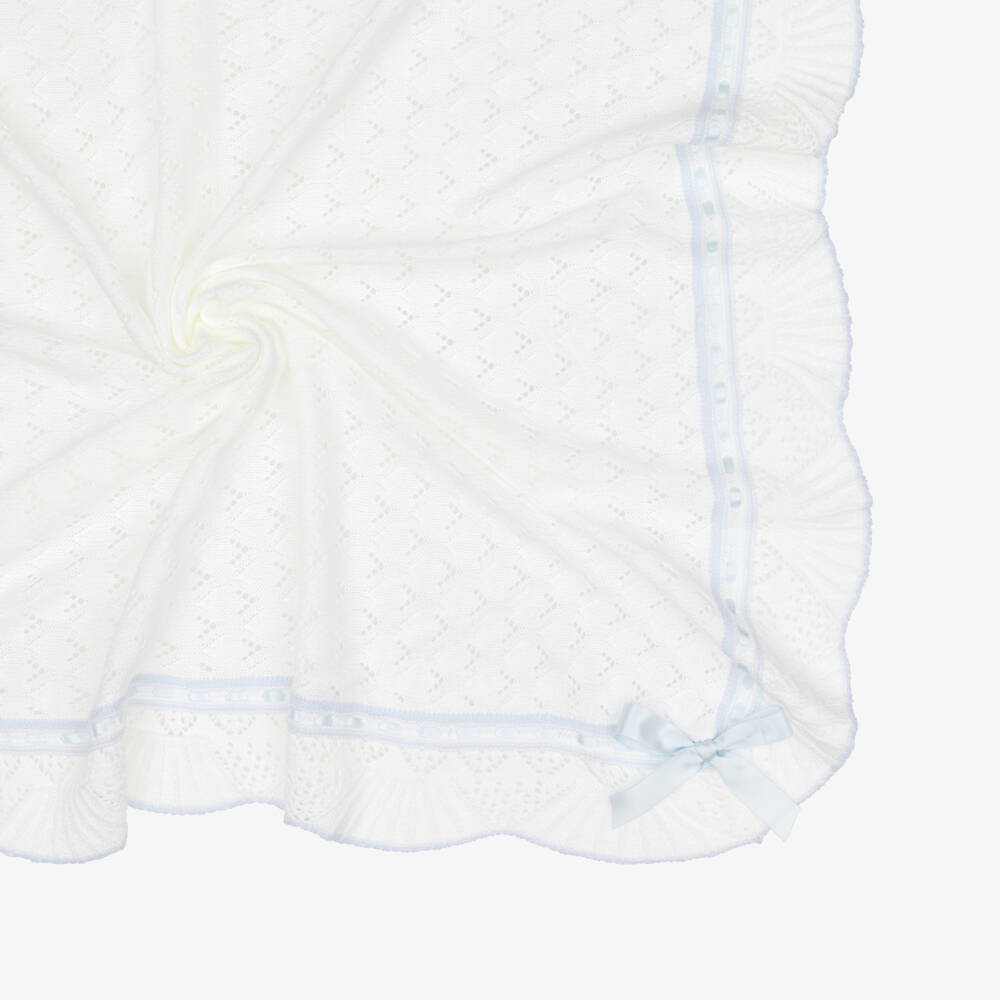 Sarah Louise-Ivory Knitted Baby Blanket with Blue Ribbon Trim (120cm) | Childrensalon