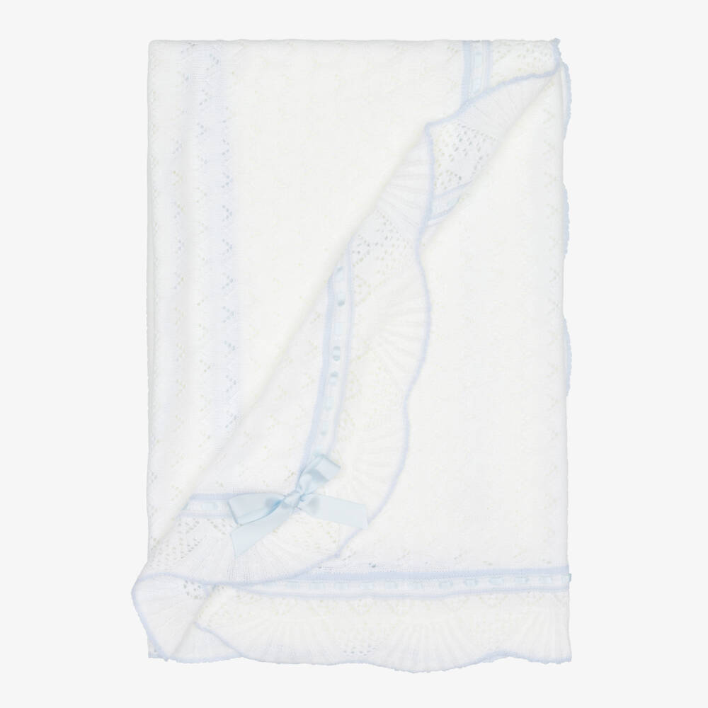 Sarah Louise-Ivory Knitted Baby Blanket with Blue Ribbon Trim (120cm) | Childrensalon