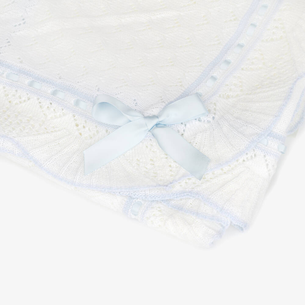 Sarah Louise-Ivory Knitted Baby Blanket with Blue Ribbon Trim (120cm) | Childrensalon