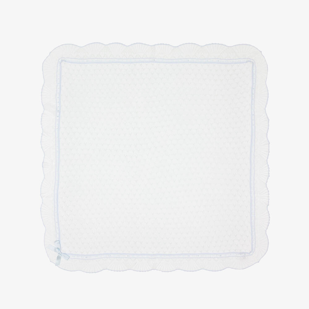Sarah Louise-Ivory Knitted Baby Blanket with Blue Ribbon Trim (120cm) | Childrensalon