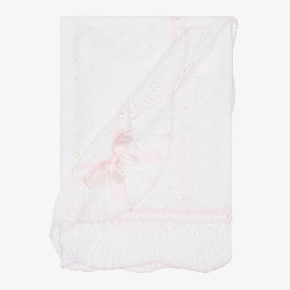 Sarah Louise-Ivory Knitted Baby Blanket  with Pink Ribbon Trim (120cm) | Childrensalon