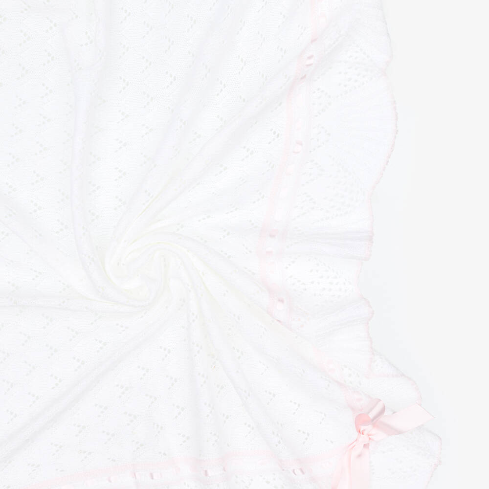 Sarah Louise-Ivory Knitted Baby Blanket with Pink Ribbon Trim (120cm) | Childrensalon