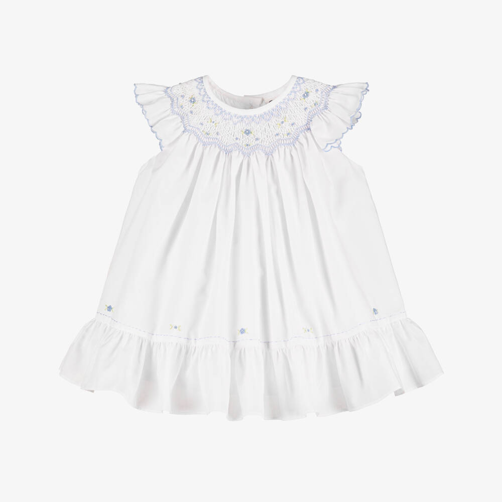 Sarah Louise-فستان تطريز سموك لون أزرق وأبيض | Childrensalon