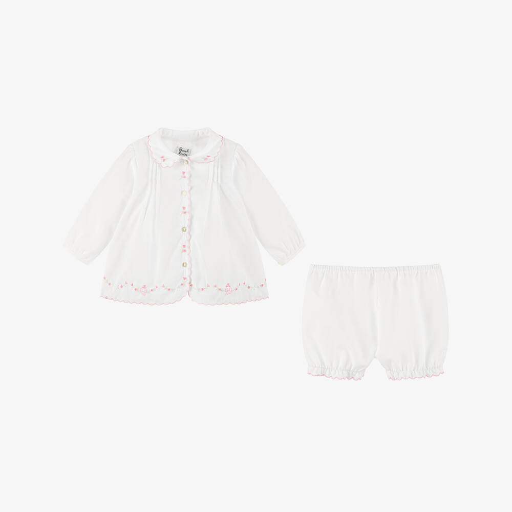 Sarah Louise-White Cotton Baby Shorts Set | Childrensalon