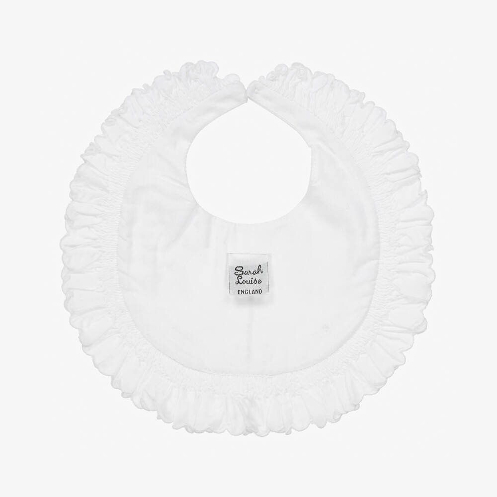Sarah Louise-White Cotton Embroidered Bib with Ruffle Trim | Childrensalon