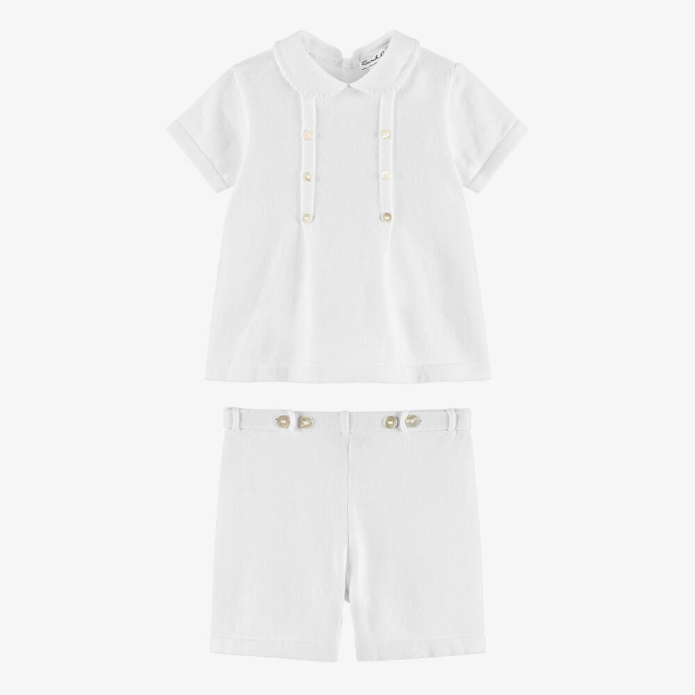 Sarah Louise-White Cotton Knit Shorts Set | Childrensalon
