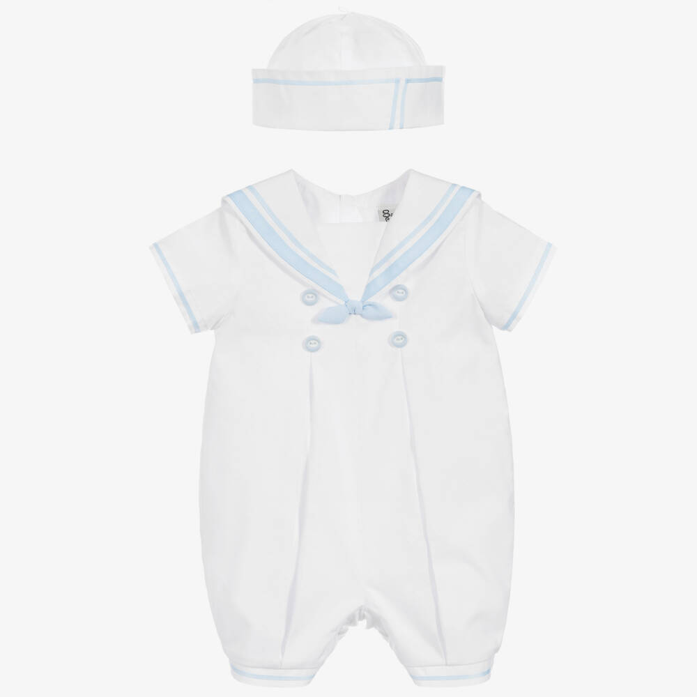Sarah Louise-White Cotton Sailor Suit Babysuit Set with Pale Blue Trims | Childrensalon