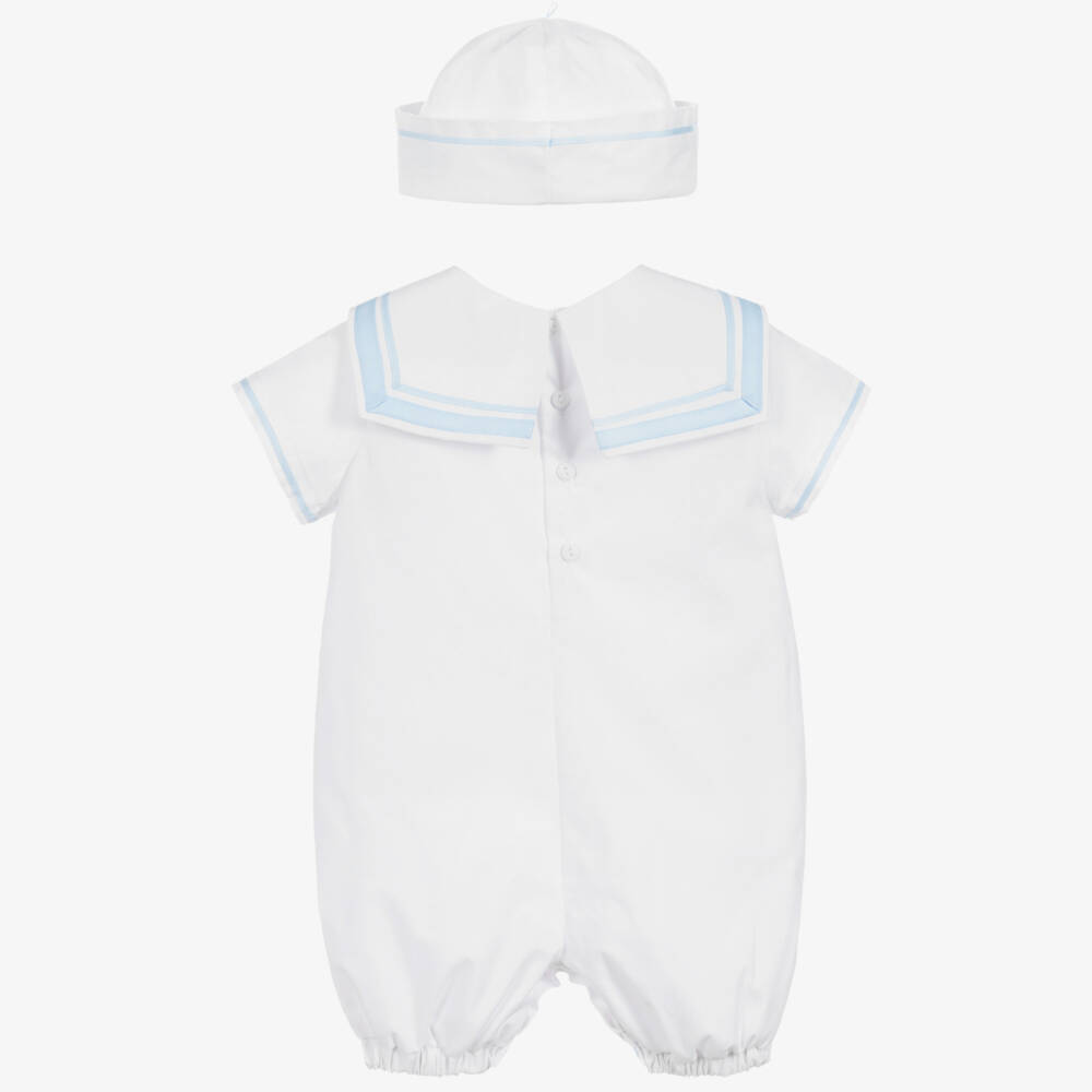 Sarah Louise-White Cotton Sailor Suit Babysuit Set with Pale Blue Trims | Childrensalon