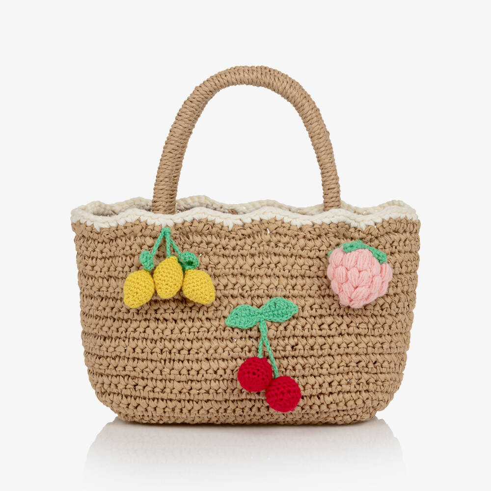 Self-Portrait-Beige Raffia Cherry & Lemon Tote Bag (25cm) | Childrensalon
