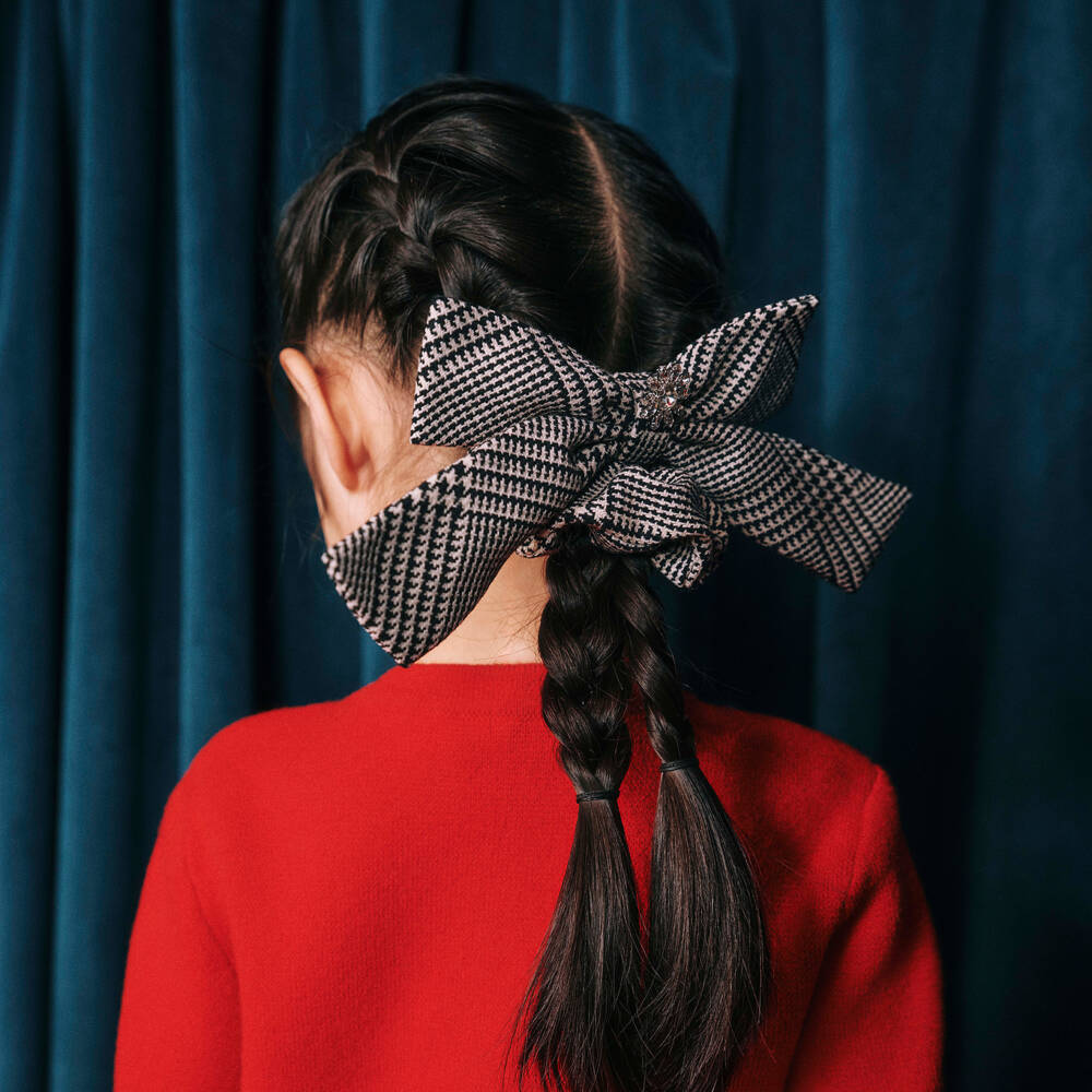 Self-Portrait-Girls Black & Beige Houndstooth Check Hair Scrunchie (23cm) | Childrensalon