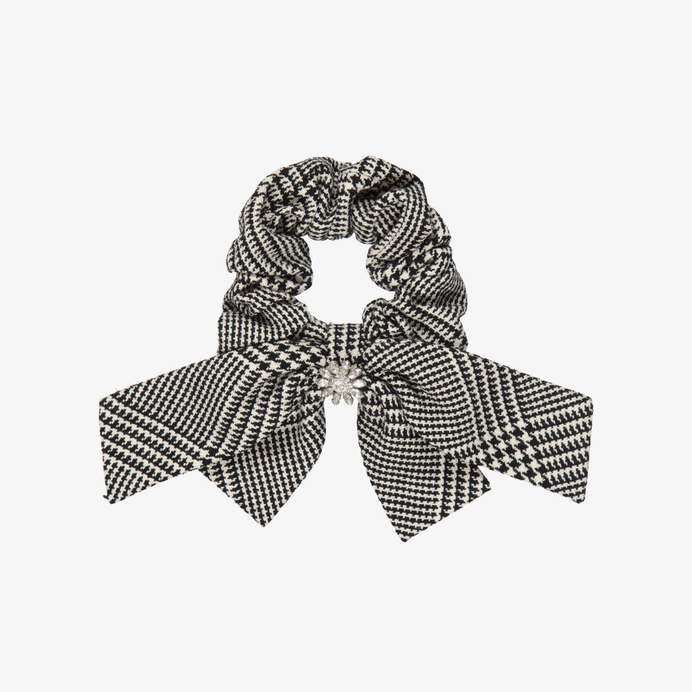 Self-Portrait-Girls Black & Beige Houndstooth Check Hair Scrunchie (23cm) | Childrensalon