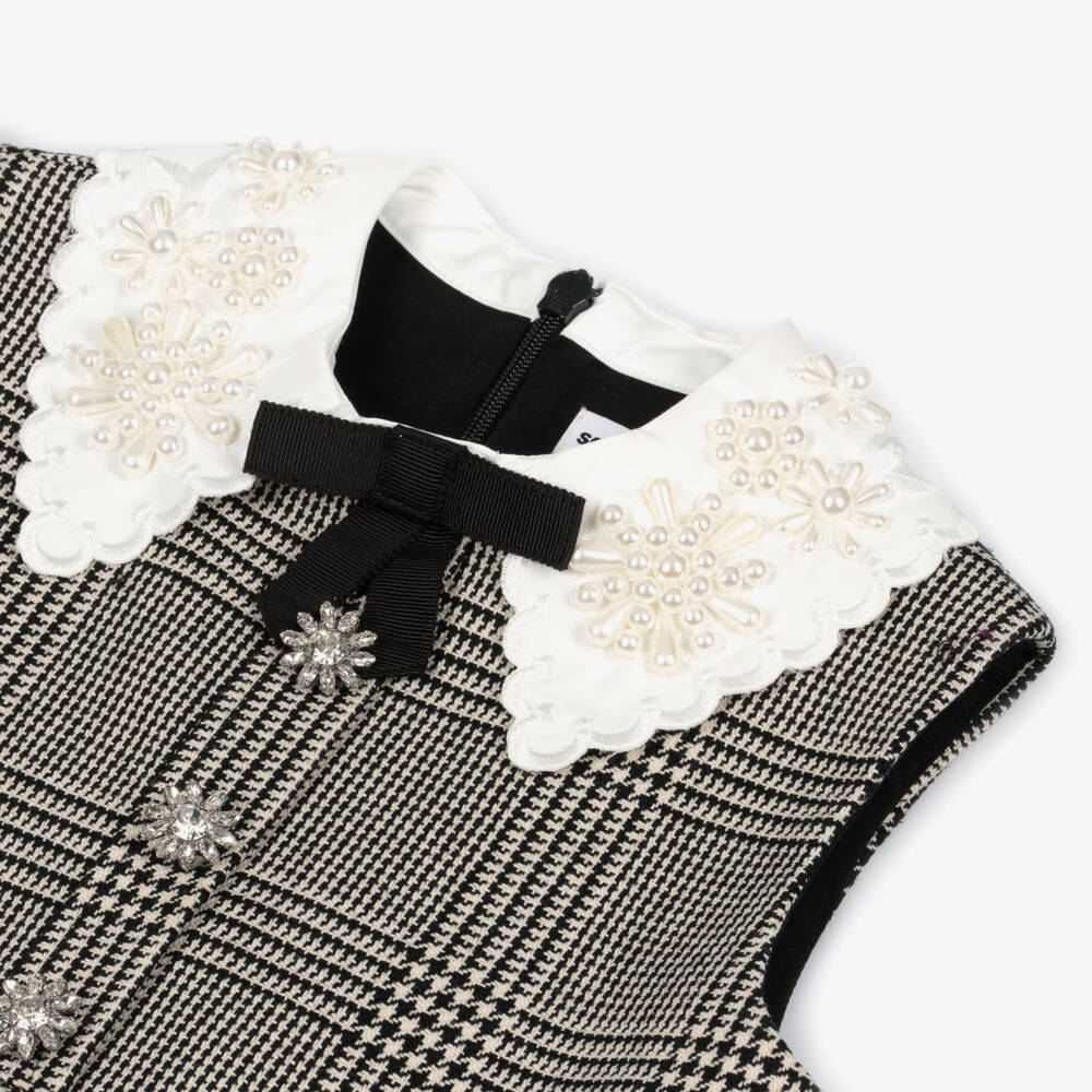 Self-Portrait-Girls Black & Beige Houndstooth Check Sleeveless Dress | Childrensalon