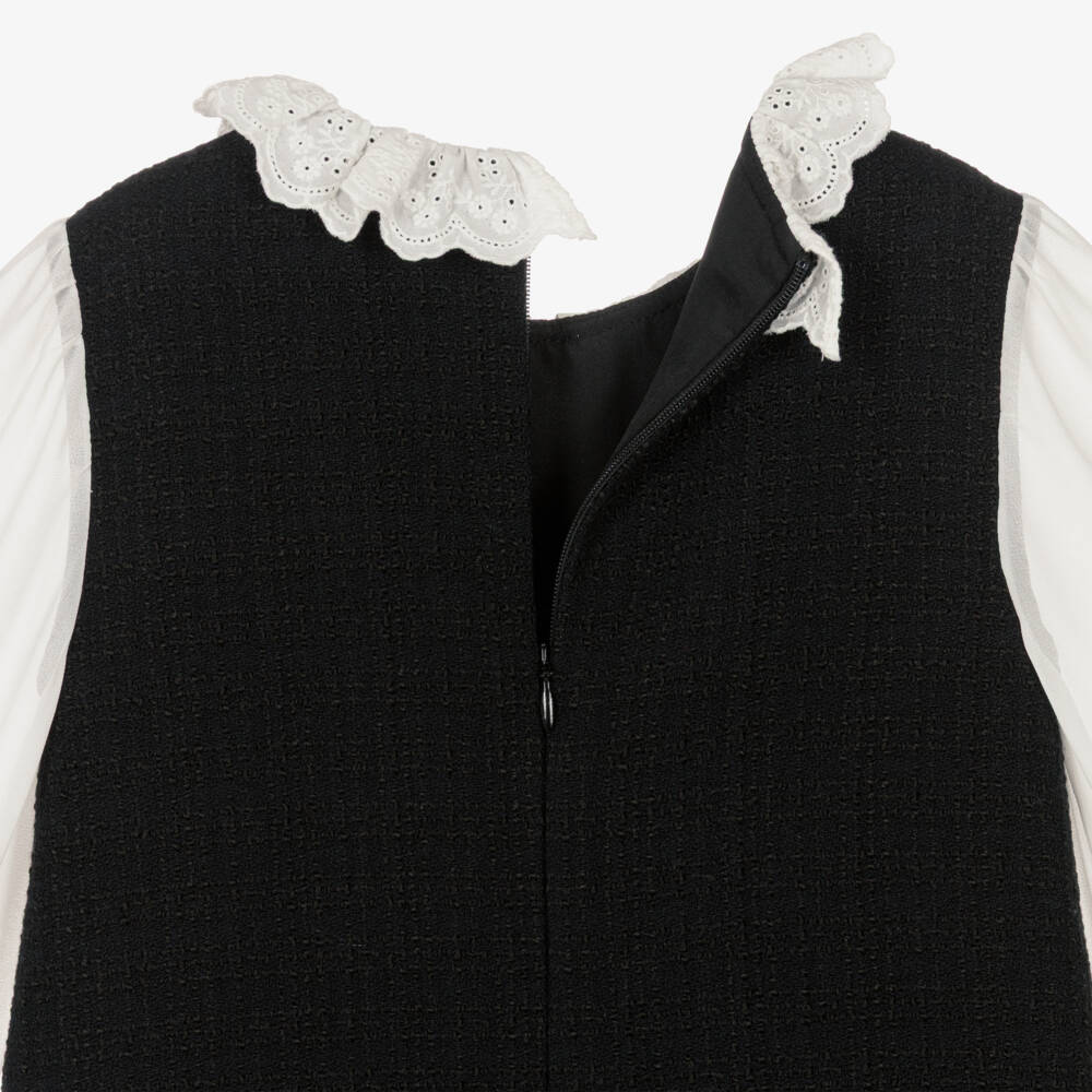 Self-Portrait-Girls Black Tweed Dress with White Chiffon Sleeves | Childrensalon