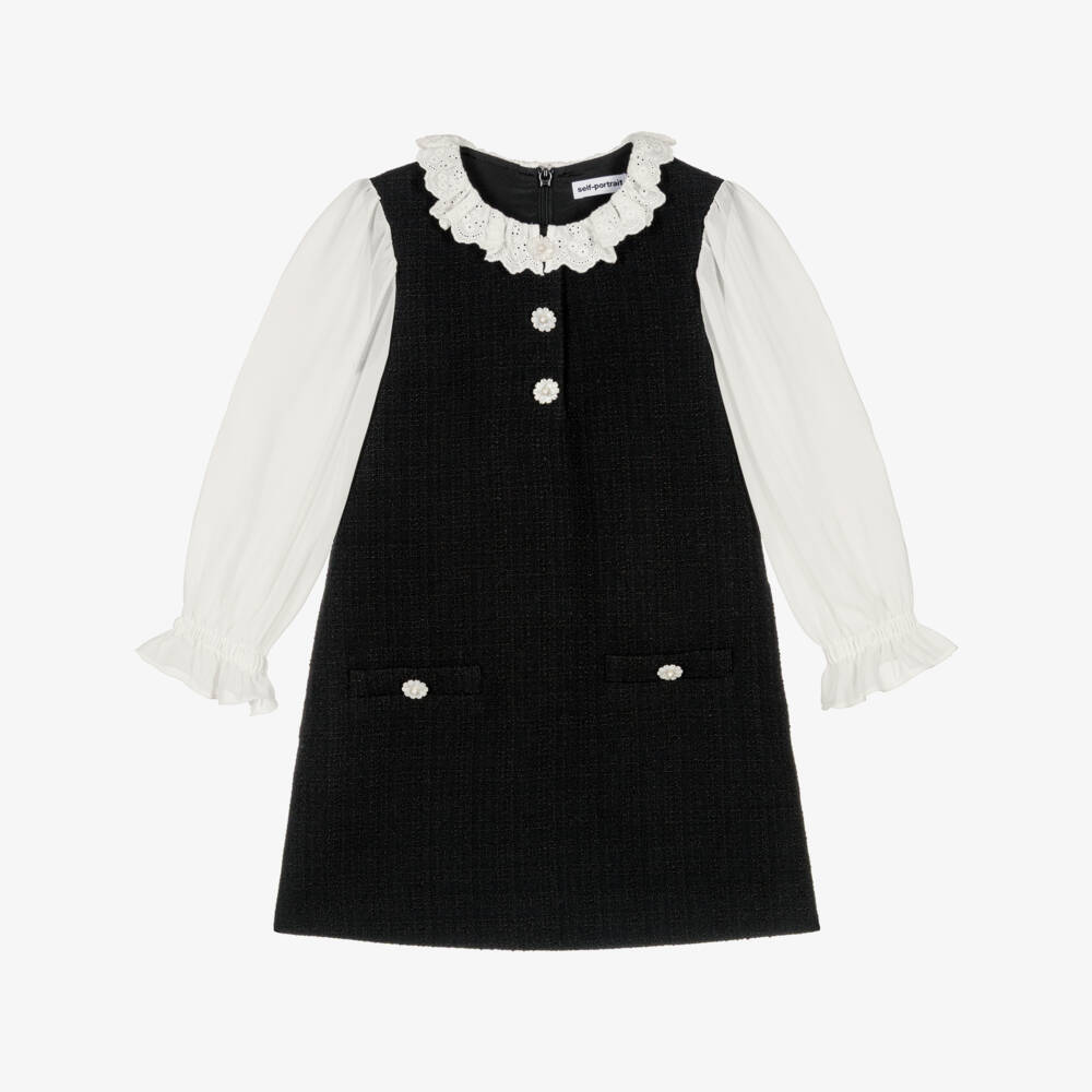 Self-Portrait-Girls Black Tweed Dress with White Chiffon Sleeves | Childrensalon