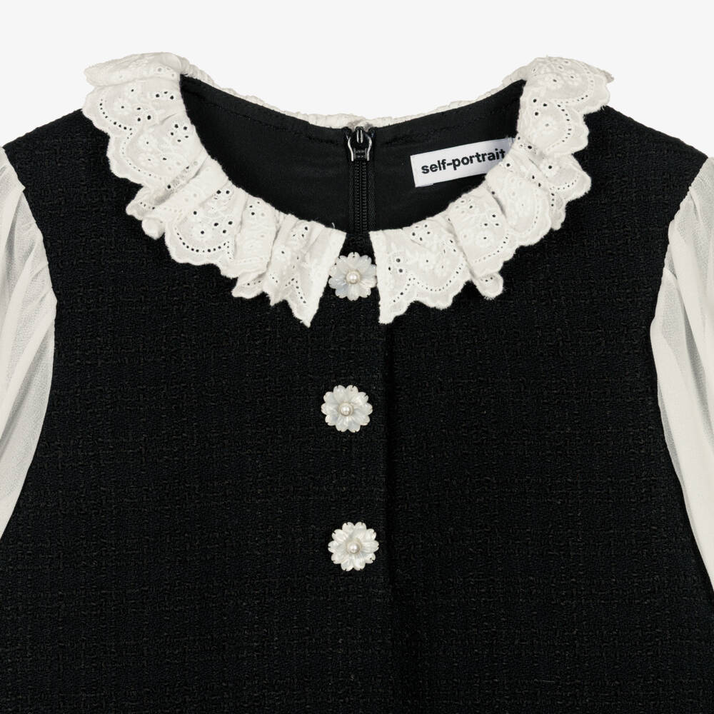 Self-Portrait-Girls Black Tweed Dress with White Chiffon Sleeves | Childrensalon