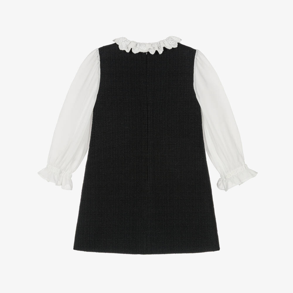 Self-Portrait-Girls Black Tweed Dress with White Chiffon Sleeves | Childrensalon