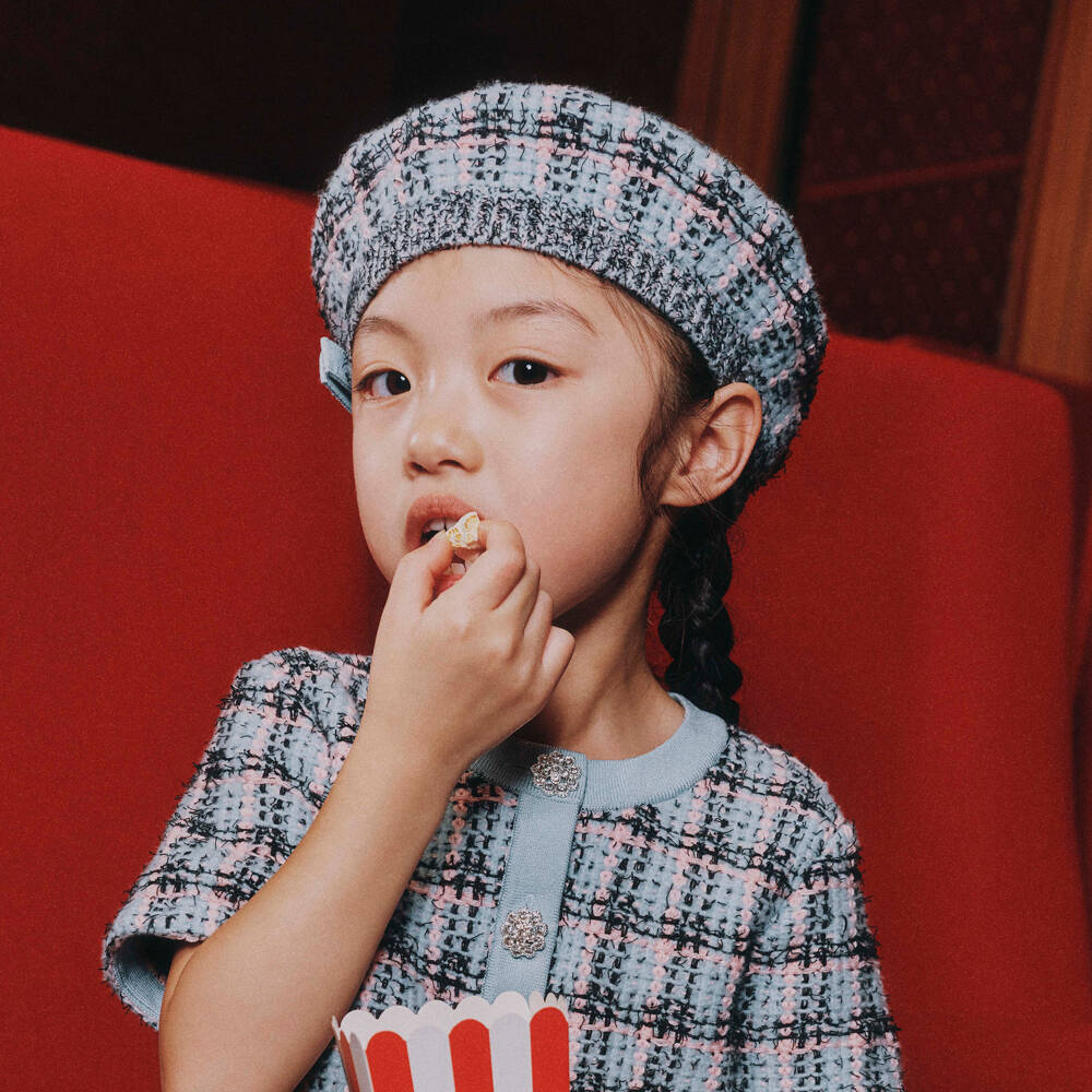 Self-Portrait-Girls Blue & Black Knitted Tweed-Effect Beret | Childrensalon