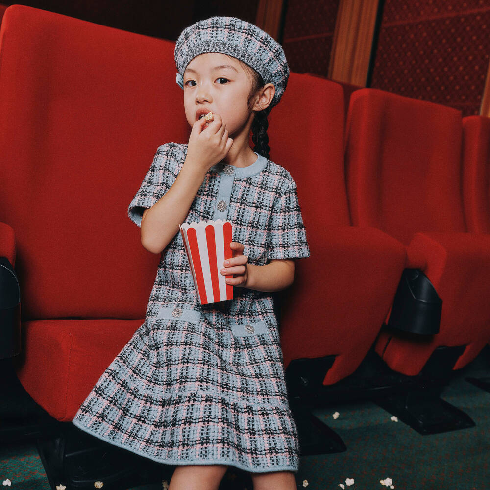 Self-Portrait-Girls Blue & Black Knitted Tweed-Effect Dress | Childrensalon