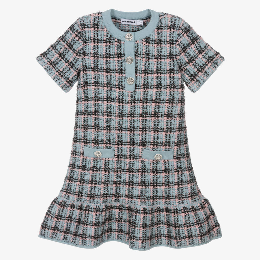 Self-Portrait-Girls Blue & Black Knitted Tweed-Effect Dress | Childrensalon