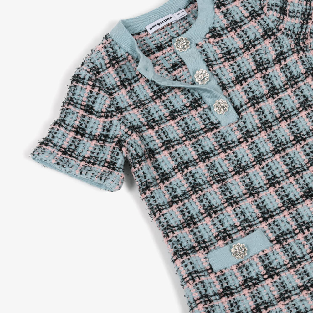 Self-Portrait-Girls Blue & Black Knitted Tweed-Effect Dress | Childrensalon