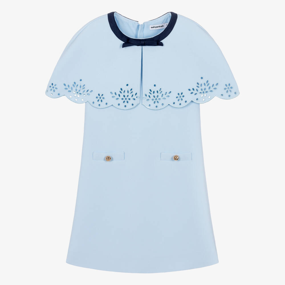 Self-Portrait-Girls Blue Cape Dress with Cutwork Detailing | Childrensalon