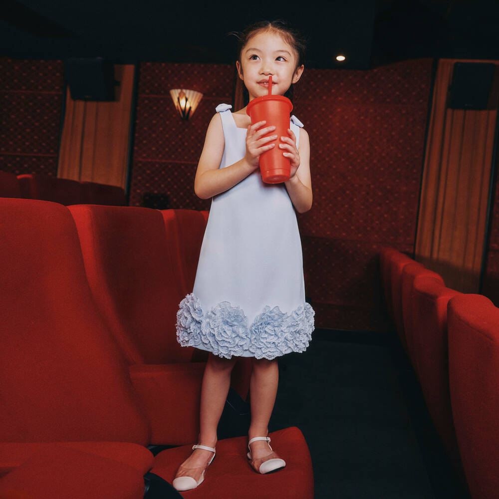 Self-Portrait-Girls Blue Crêpe Dress with Floral Lace Hem | Childrensalon