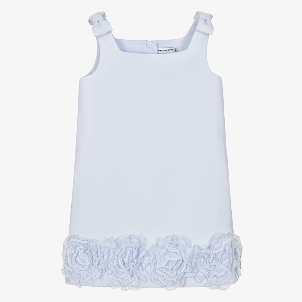 Self-Portrait-Girls Blue Crêpe Dress with Floral Lace Hem | Childrensalon
