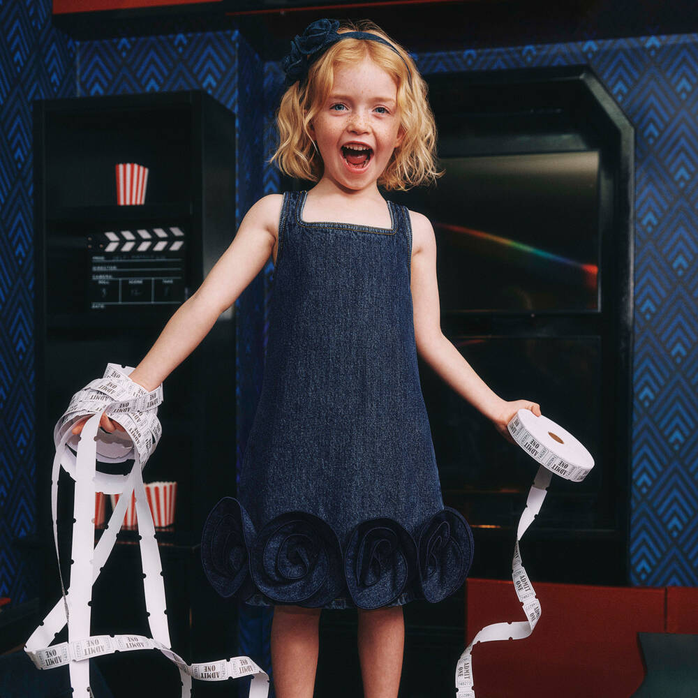 Self-Portrait-Girls Blue Denim Dress with 3D Flower Trim | Childrensalon