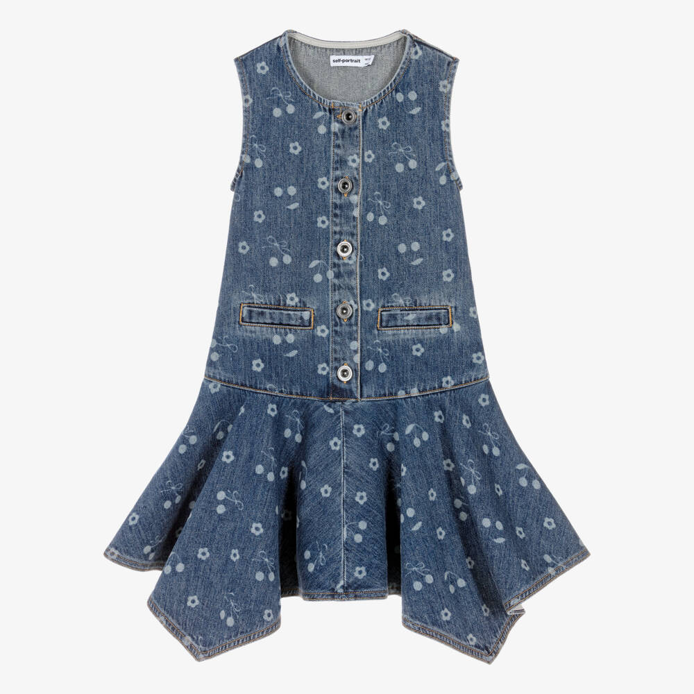 Self-Portrait-Girls Blue Denim Dress with Bow & Cherry Print | Childrensalon