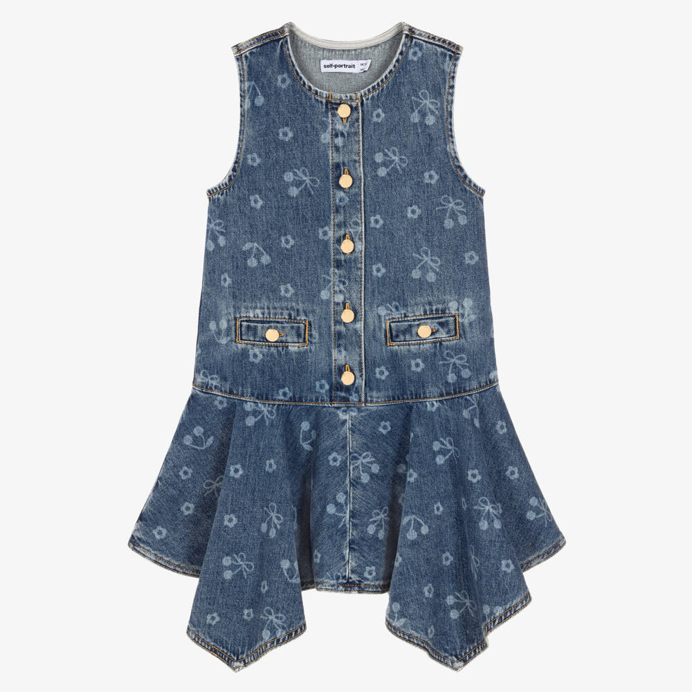 Self-Portrait-Girls Blue Denim Dress with Bow & Cherry Print | Childrensalon