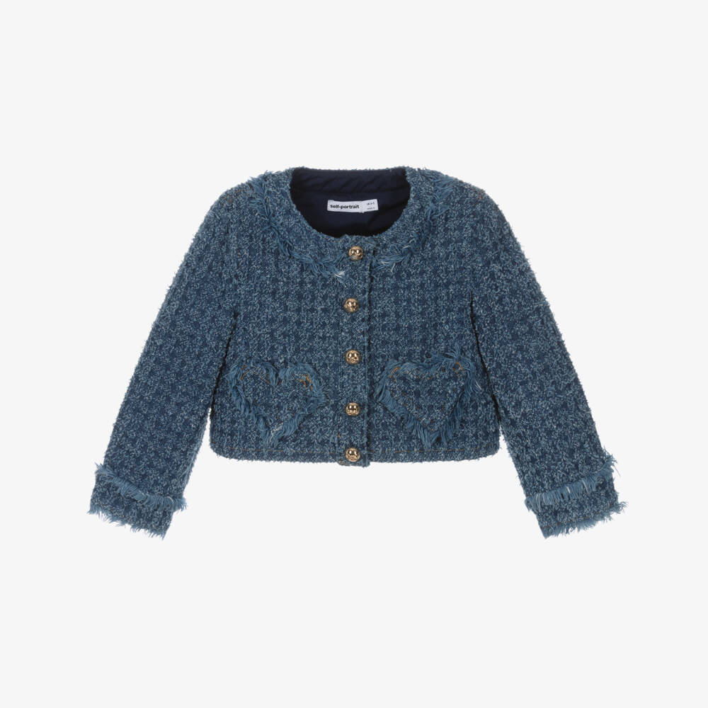 Self-Portrait-Girls Blue Denim Jacket with Heart Pockets & Gold Logo Buttons | Childrensalon