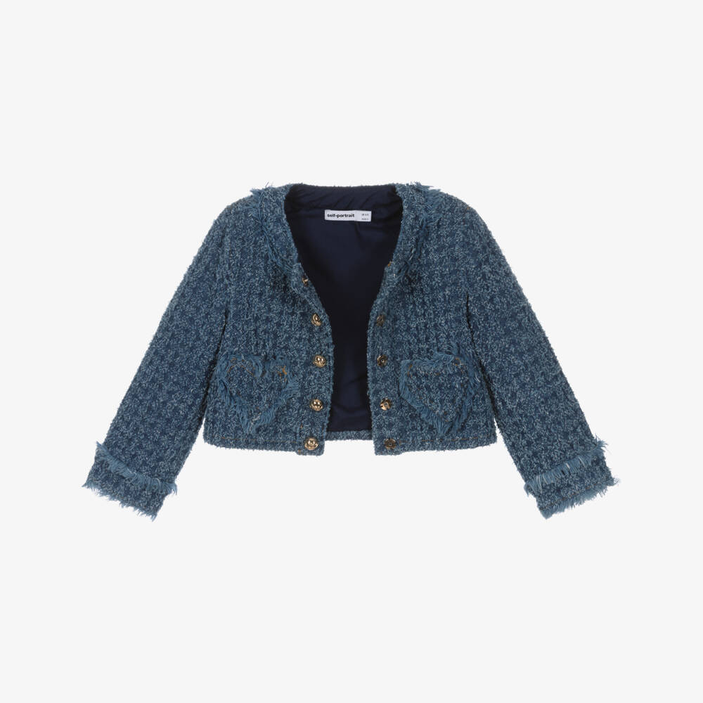 Self-Portrait-Girls Blue Denim Jacket with Heart Pockets & Gold Logo Buttons | Childrensalon