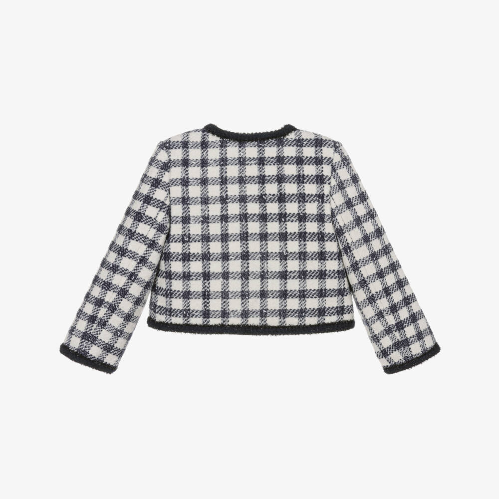 Self-Portrait-Girls Blue & Ivory Check Boucle Jacket with Pearl Logo Buttons | Childrensalon