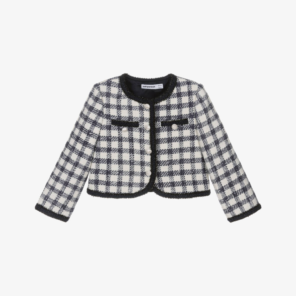 Self-Portrait-Girls Blue & Ivory Check Boucle Jacket with Pearl Logo Buttons | Childrensalon