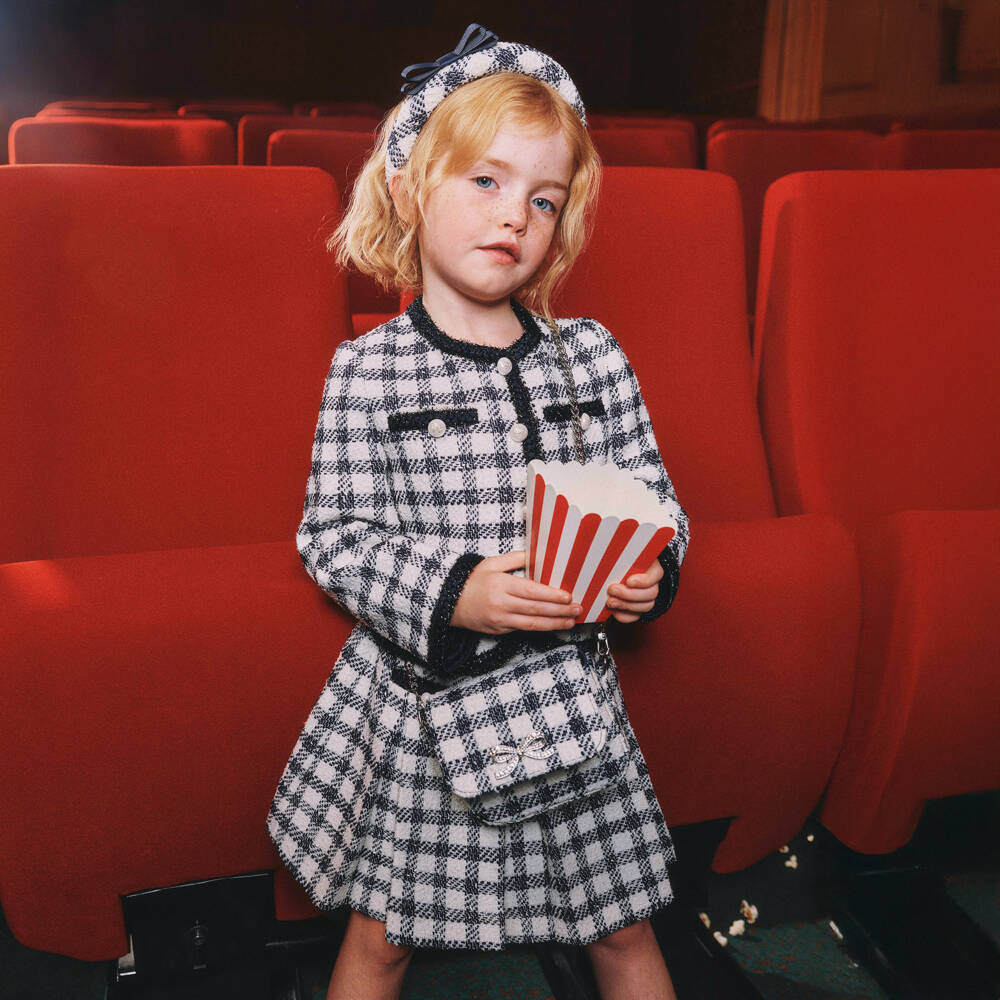 Self-Portrait-Girls Blue & Ivory Check Boucle Jacket with Pearl Logo Buttons | Childrensalon
