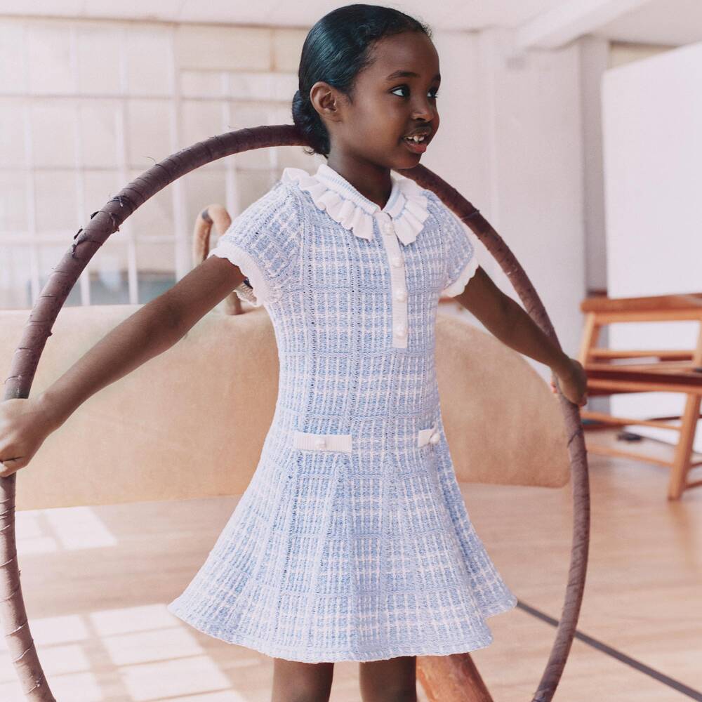 Self-Portrait-Girls Blue & White Knitted Dress with Ruffled Collar | Childrensalon