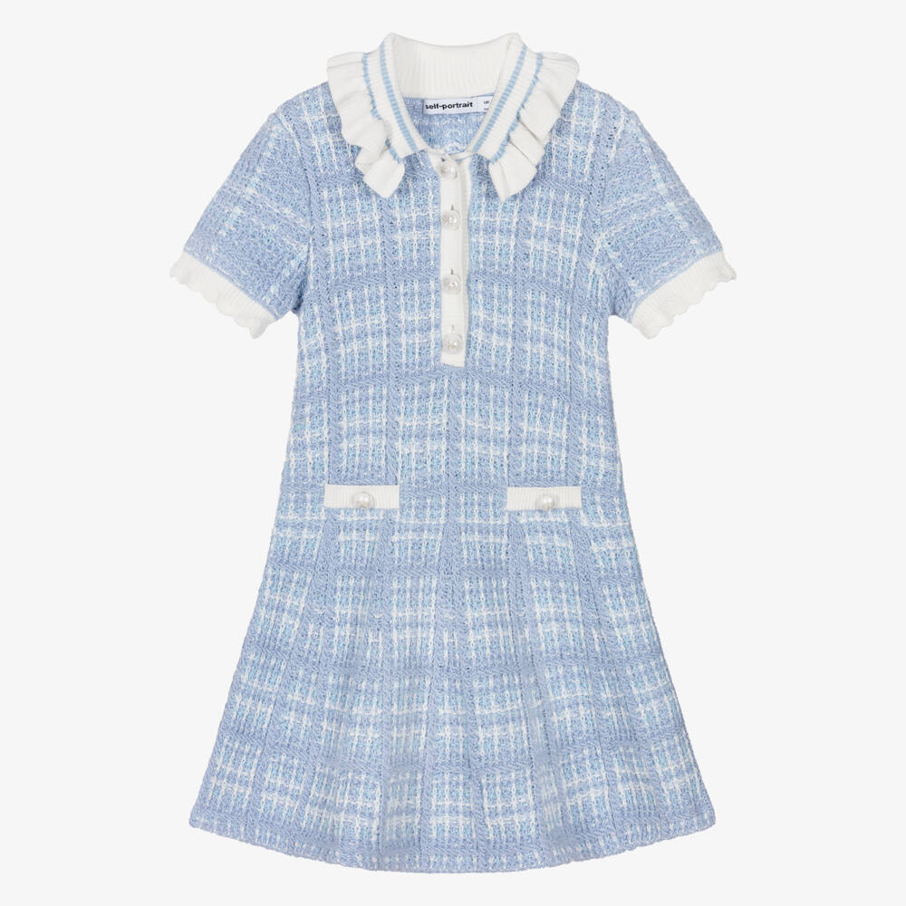Self-Portrait-Girls Blue & White Knitted Dress with Ruffled Collar | Childrensalon