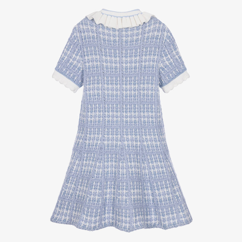 Self-Portrait-Girls Blue & White Knitted Dress with Ruffled Collar | Childrensalon