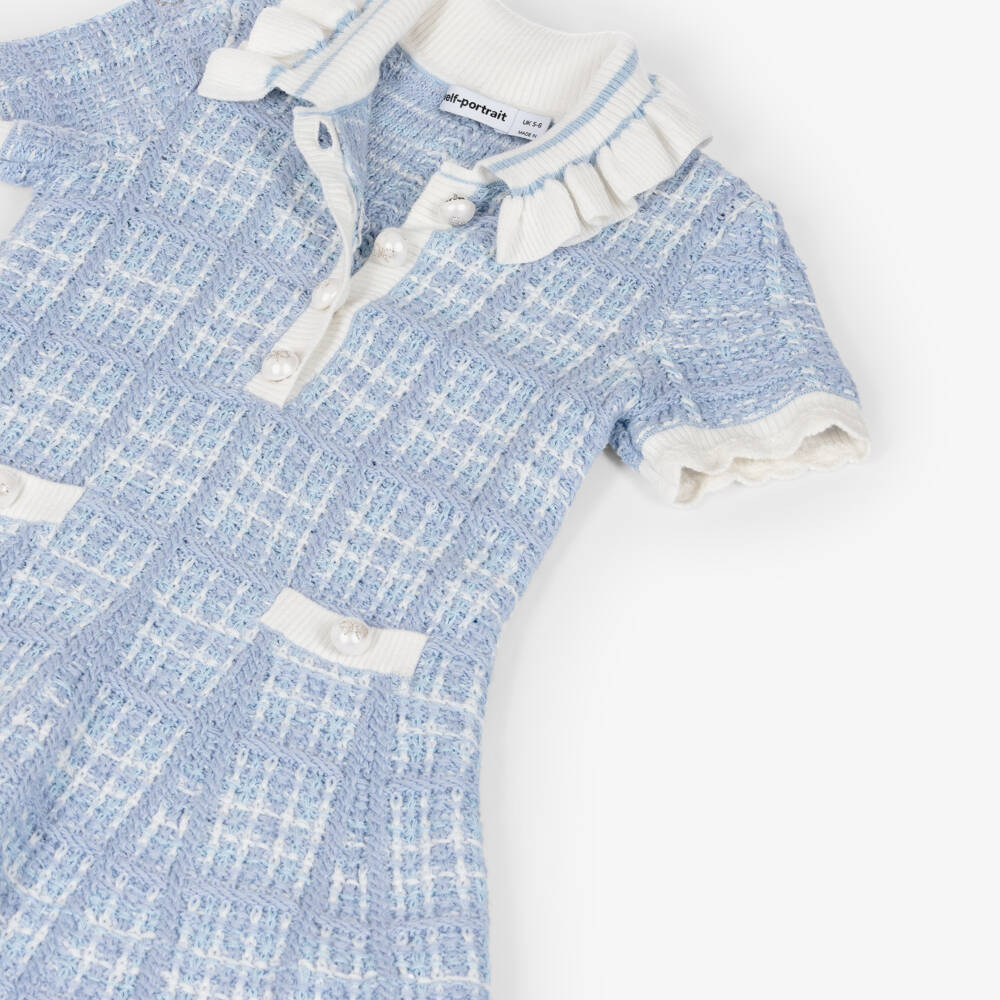 Self-Portrait-Girls Blue & White Knitted Dress with Ruffled Collar | Childrensalon