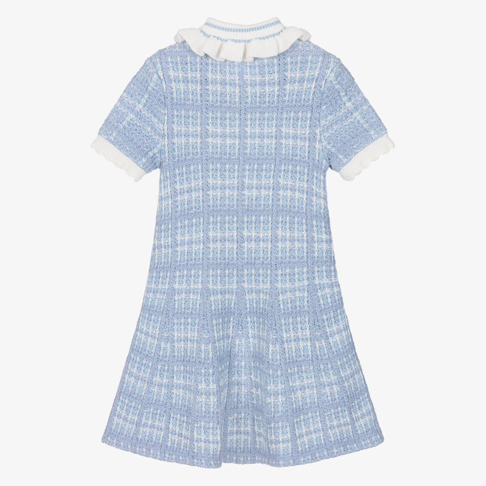 Self-Portrait-Girls Blue & White Knitted Dress with Ruffled Collar | Childrensalon